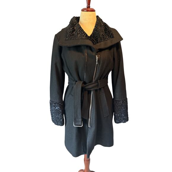 Guess Wool Blend Belted Coat XL Black Faux Fur Collar & Cuffs Winter Jacket - Picture 1 of 14